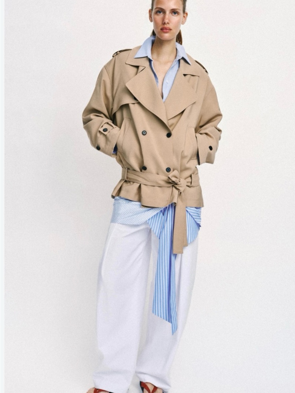Zara Beige Double-Breasted Trench Coat with Waist Tie